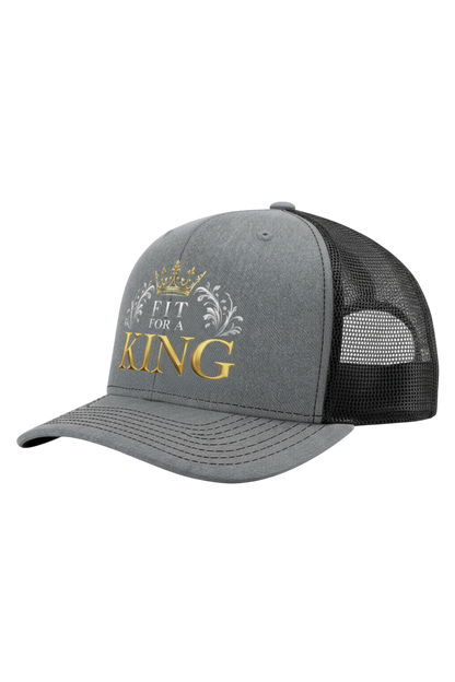 Gray cap with 'Fit for a King' text and crown design on a white background