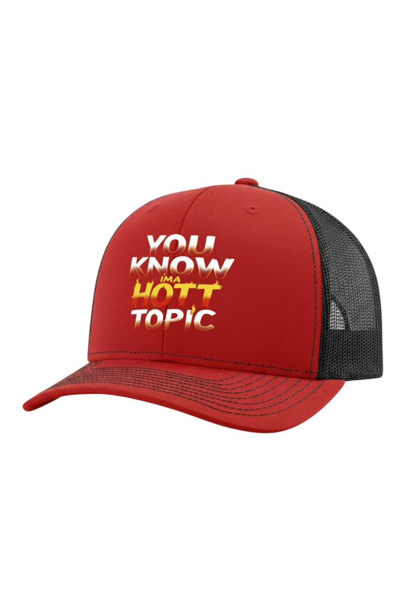 Red and Black cap with 'You Know It's a Hott Topic' text on a white background