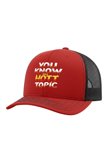 Red and Black cap with 'You Know It's a Hott Topic' text on a white background