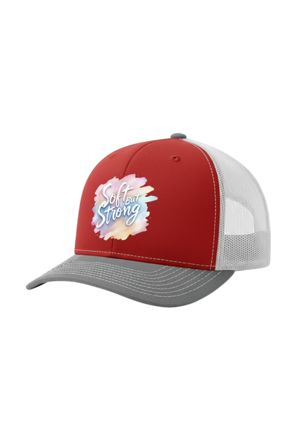 Red and gray cap with 'Self-Love Strong' design on a white background