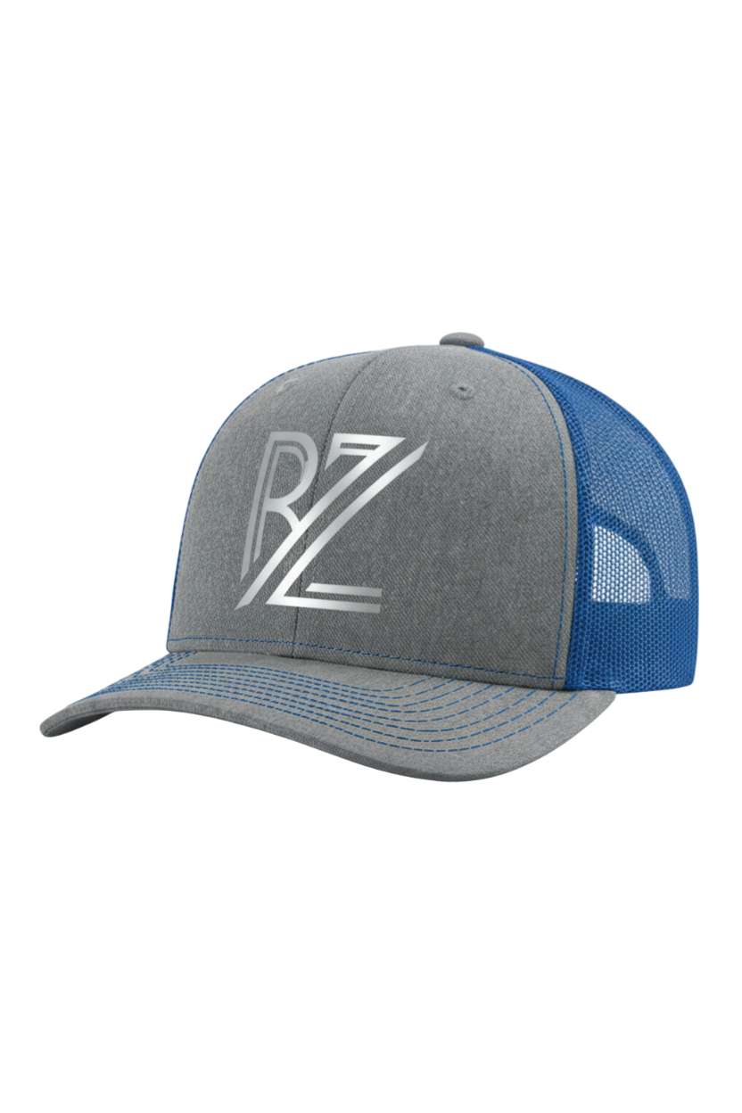 Gray and blue cap with a logo on a white background