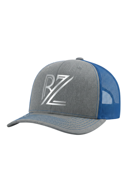 Gray and blue cap with a logo on a white background
