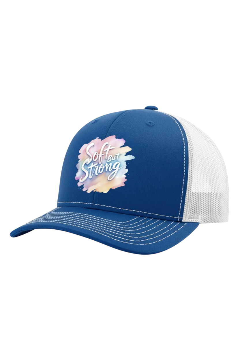 Blue and white cap with 'Soft but Strong' text on a white background