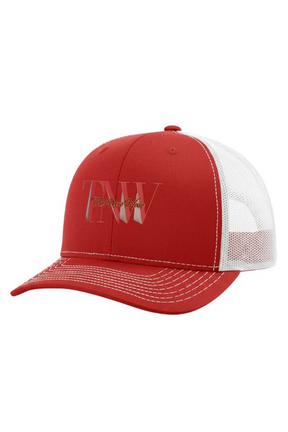 Red and white cap with 'TNV' logo on a white background