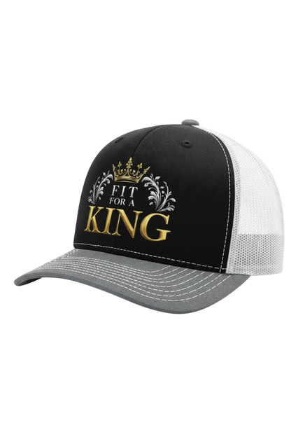 Black and white cap with 'Fit for a King' text and crown design on a white background
