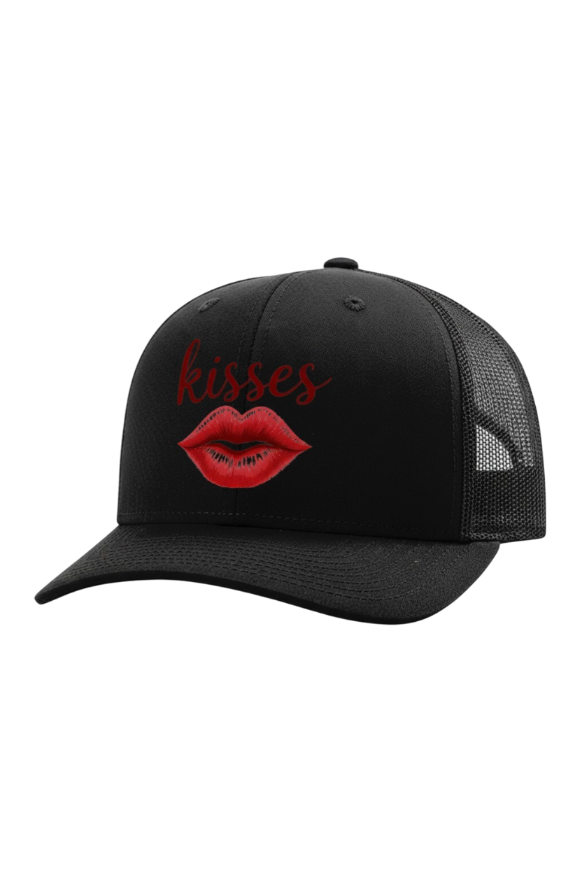 Black cap with red lips and 'kisses' text on a white background