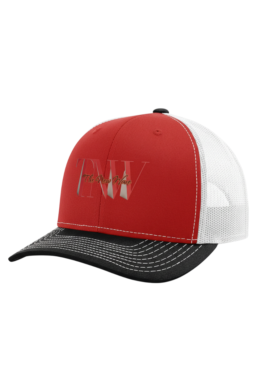 Red and white cap with black visor on a white background