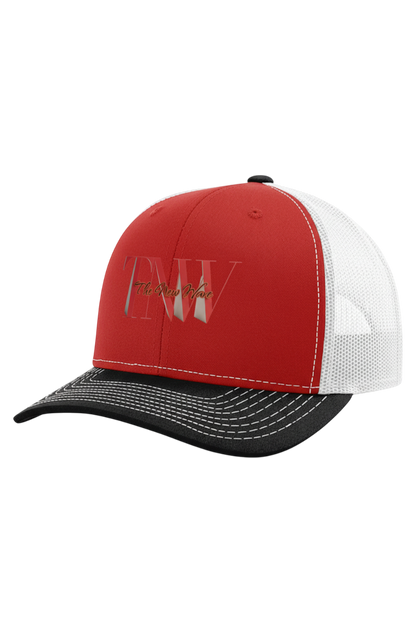 Red and white cap with black visor on a white background
