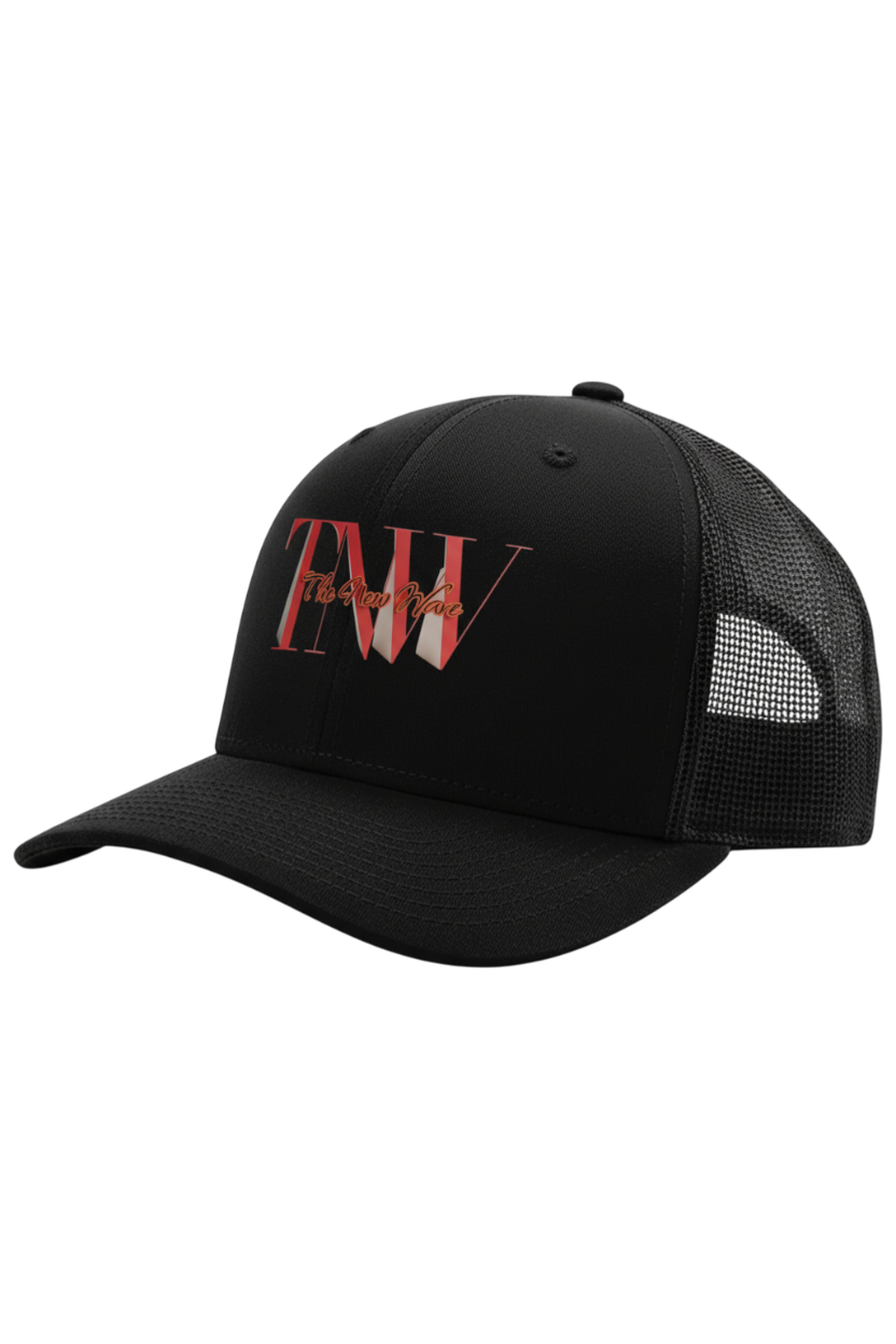 Black trucker cap with red and white logo on a white background