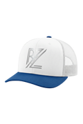 White and blue cap with a logo on a white background