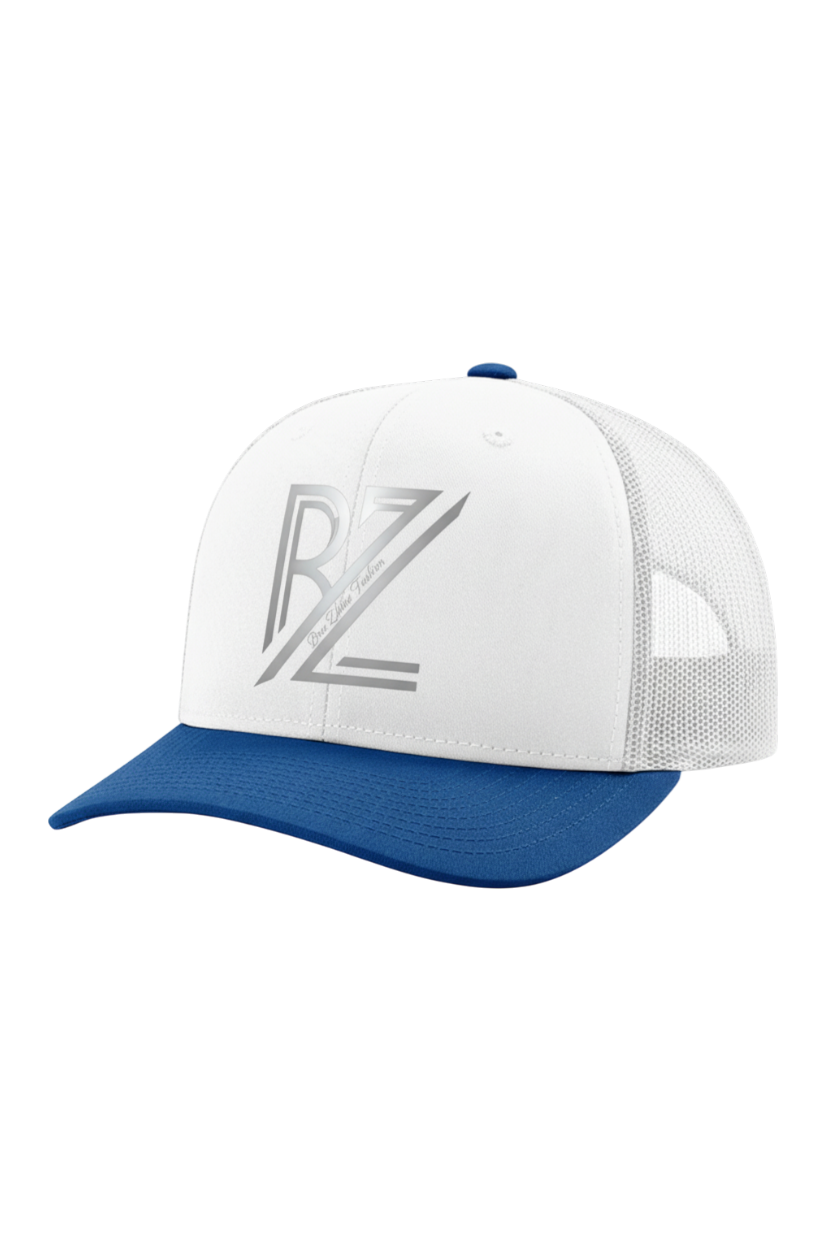 White and blue cap with a logo on a white background