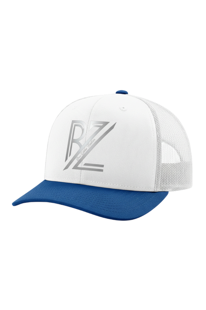 White and blue cap with a logo on a white background