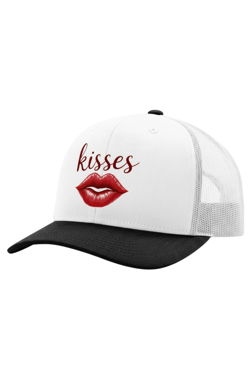 White and black cap with red lips and 'kisses' text on a white background