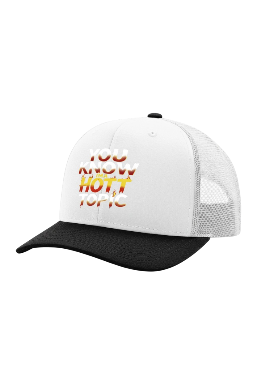 White and black cap with text 'You Know Hot Topic' on a white background