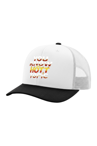 White and black cap with text 'You Know Hot Topic' on a white background