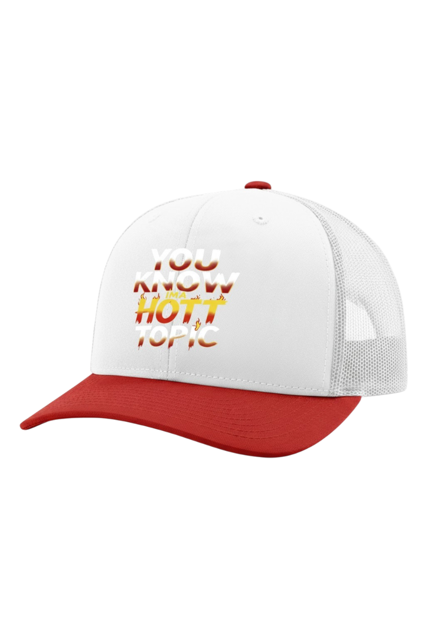White and red cap with text on a white background