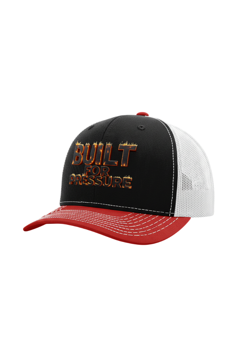Black and red cap with 'Built for Pressure' text on a white background