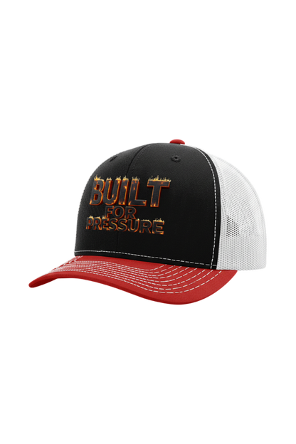 Black and red cap with 'Built for Pressure' text on a white background