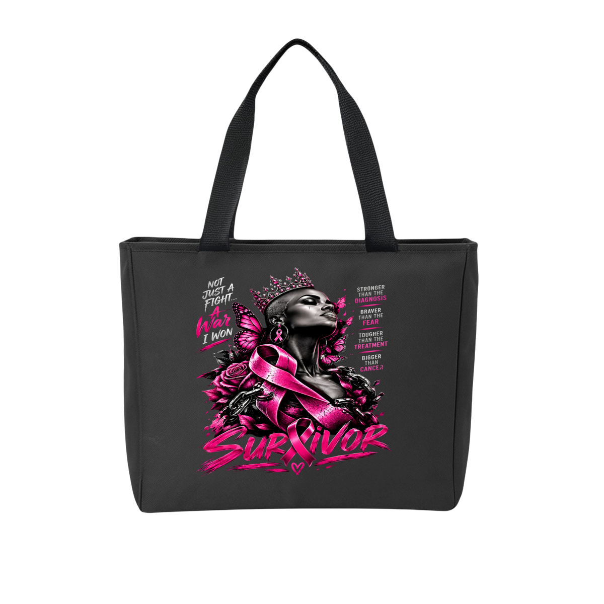 A black canvas tote bag with a detailed graphic print on the front. The graphic features a woman in profile wearing a crown and a pink ribbon, with the word 'Survivor' in large pink letters, alongside text listing stages of breast cancer treatment.