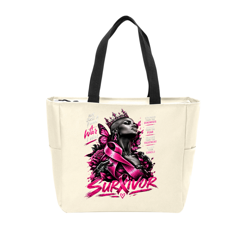 An off-white canvas tote bag with black shoulder straps, featuring a prominent graphic print of a woman in a crown and pink ribbon with the word 'SURVIVOR' in bold pink lettering.