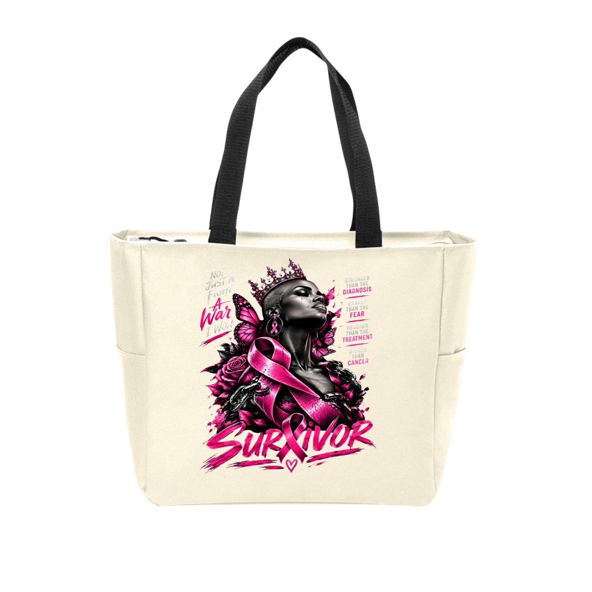 An off-white canvas tote bag with black shoulder straps, featuring a prominent graphic print of a woman in a crown and pink ribbon with the word 'SURVIVOR' in bold pink lettering.