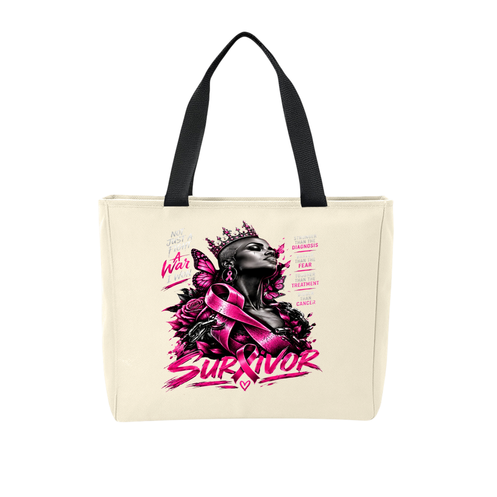 A cream-colored canvas tote bag with black shoulder straps, featuring a prominent graphic print of a woman in a crown and butterfly with pink ribbons and the word 'SURVIVOR' in bold pink lettering.