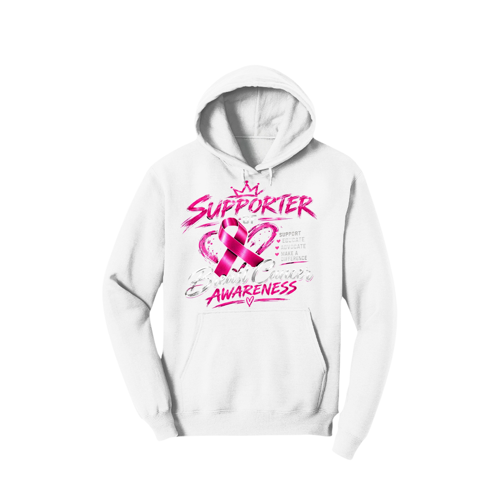 A white pullover hoodie featuring a pink graphic design on the front with the words 'SUPPORTER' and 'AWARENESS' surrounding a pink ribbon and heart motif.