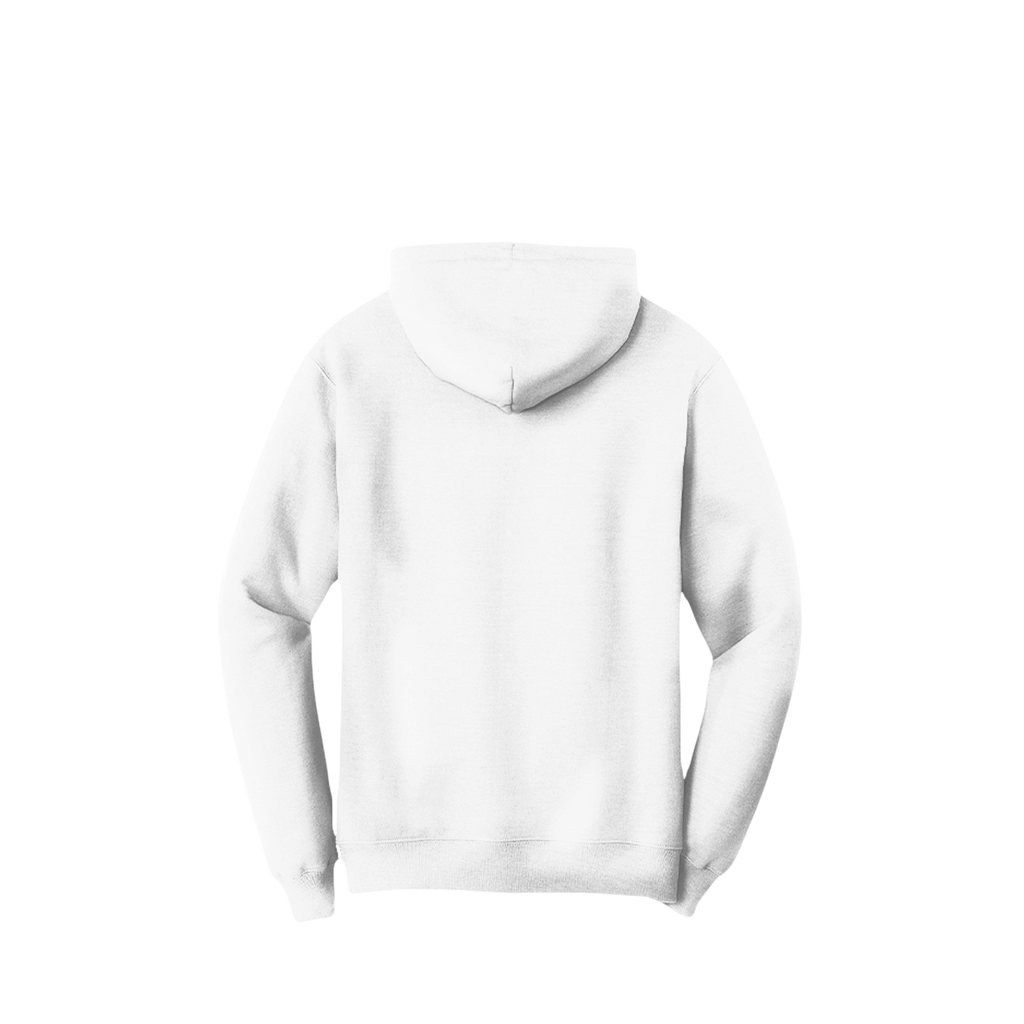A plain white pullover hoodie shown from the back, centered on a clean white background.
