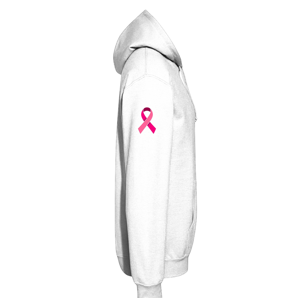 A light gray pullover hoodie shown from the side profile, featuring a pink awareness ribbon printed on the upper left sleeve, set against a plain white background.