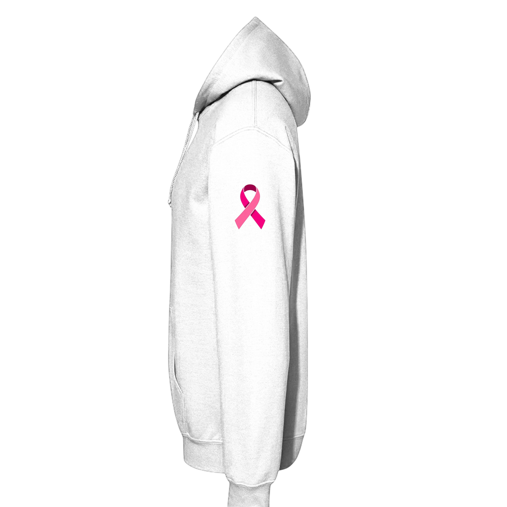 A white pullover hoodie shown from the side profile, featuring a pink awareness ribbon printed on the upper left sleeve, set against a plain white background.