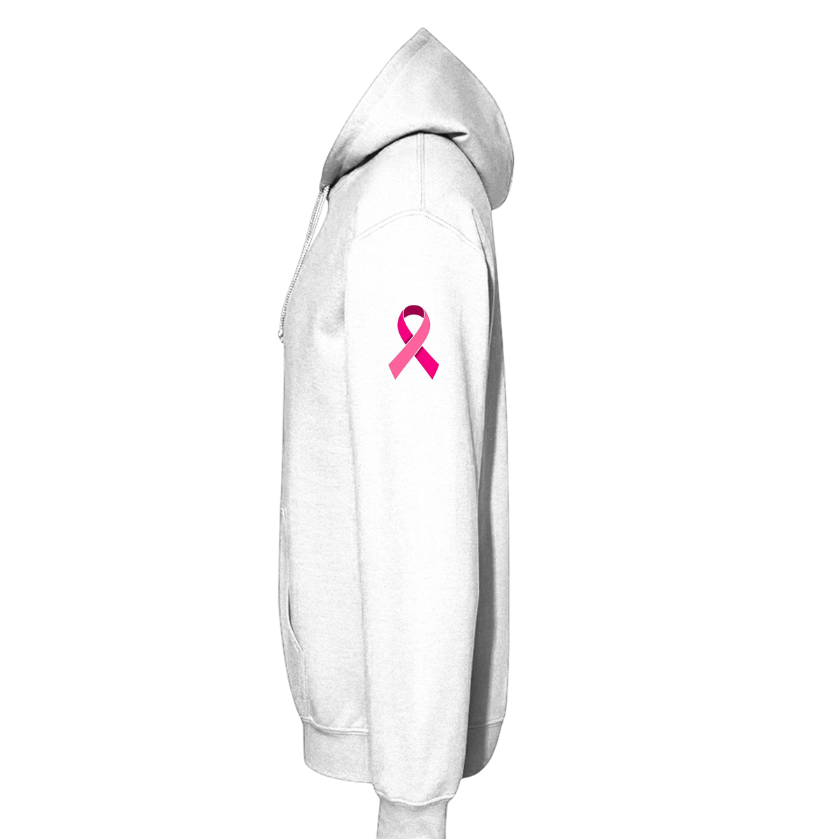 A white pullover hoodie shown from the side profile, featuring a pink awareness ribbon printed on the upper left sleeve, set against a plain white background.