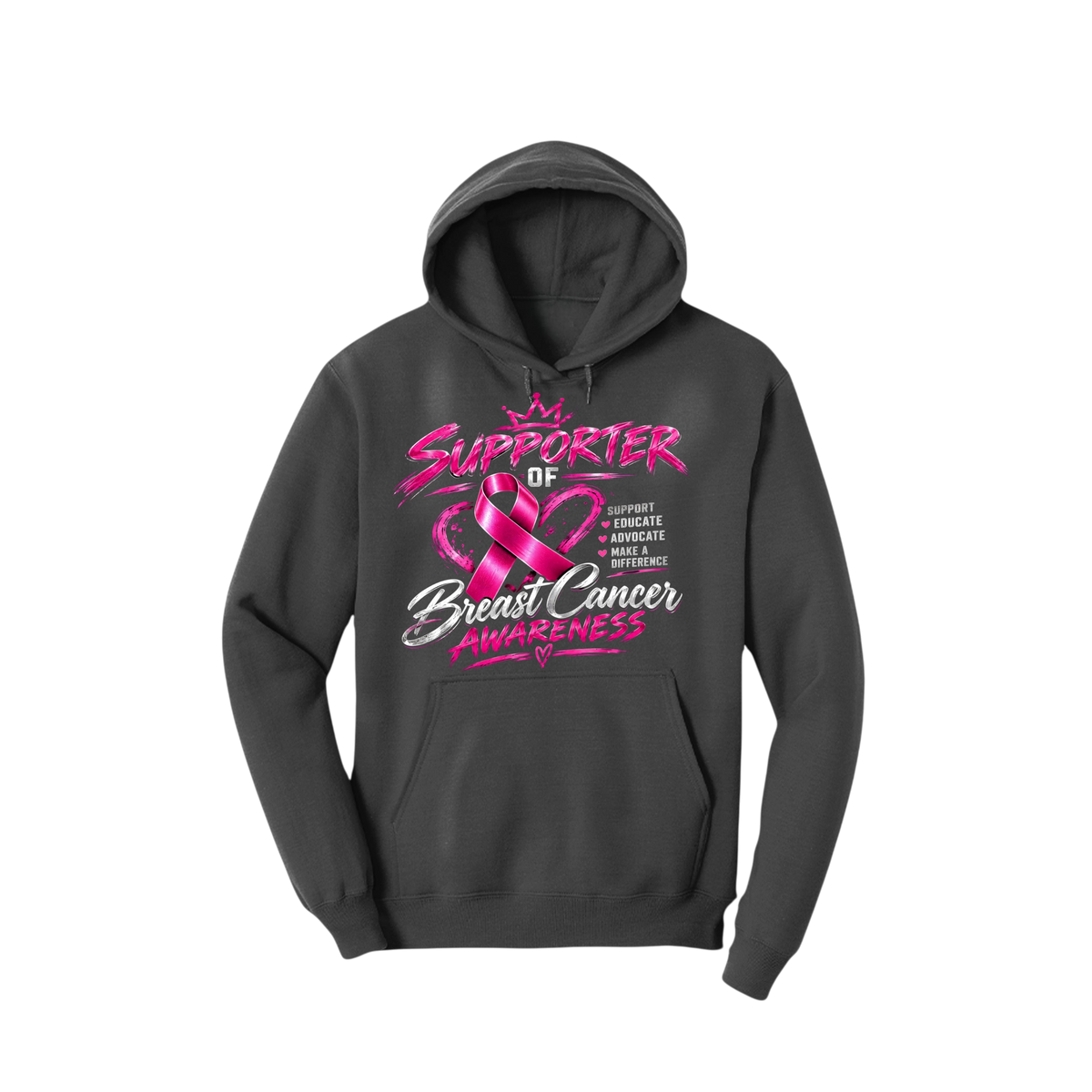 A dark gray pullover hoodie with a pink and white graphic on the front that reads 'Supporter of Breast Cancer Awareness' with a pink ribbon and crown, shown on a plain white background.