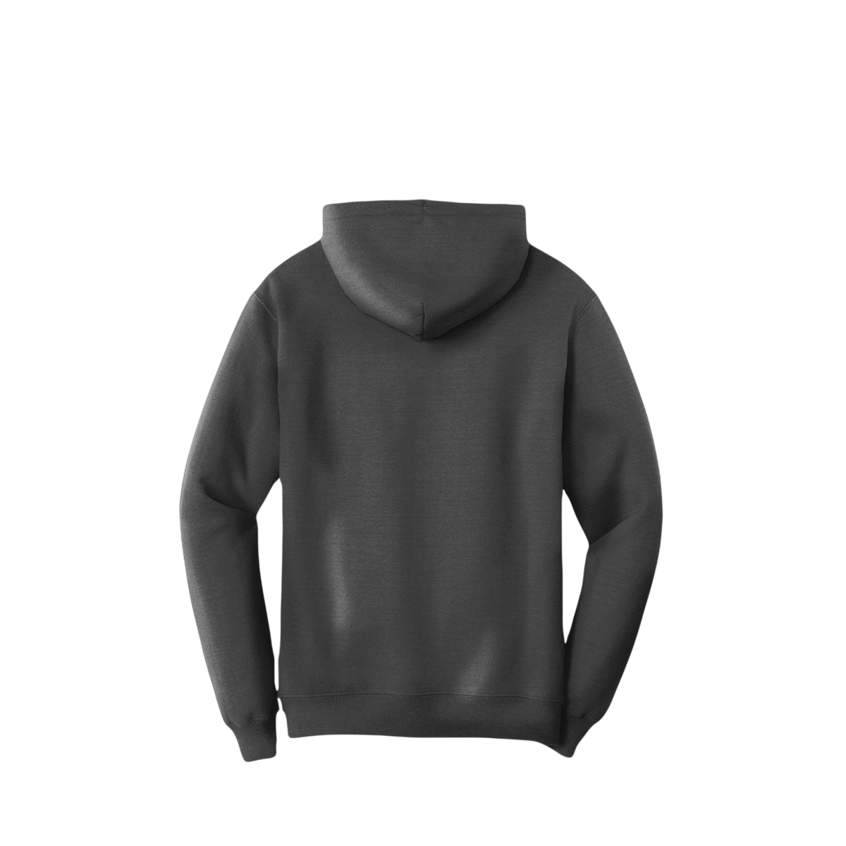 A dark gray hoodie shown from the back, photographed against a solid white background.