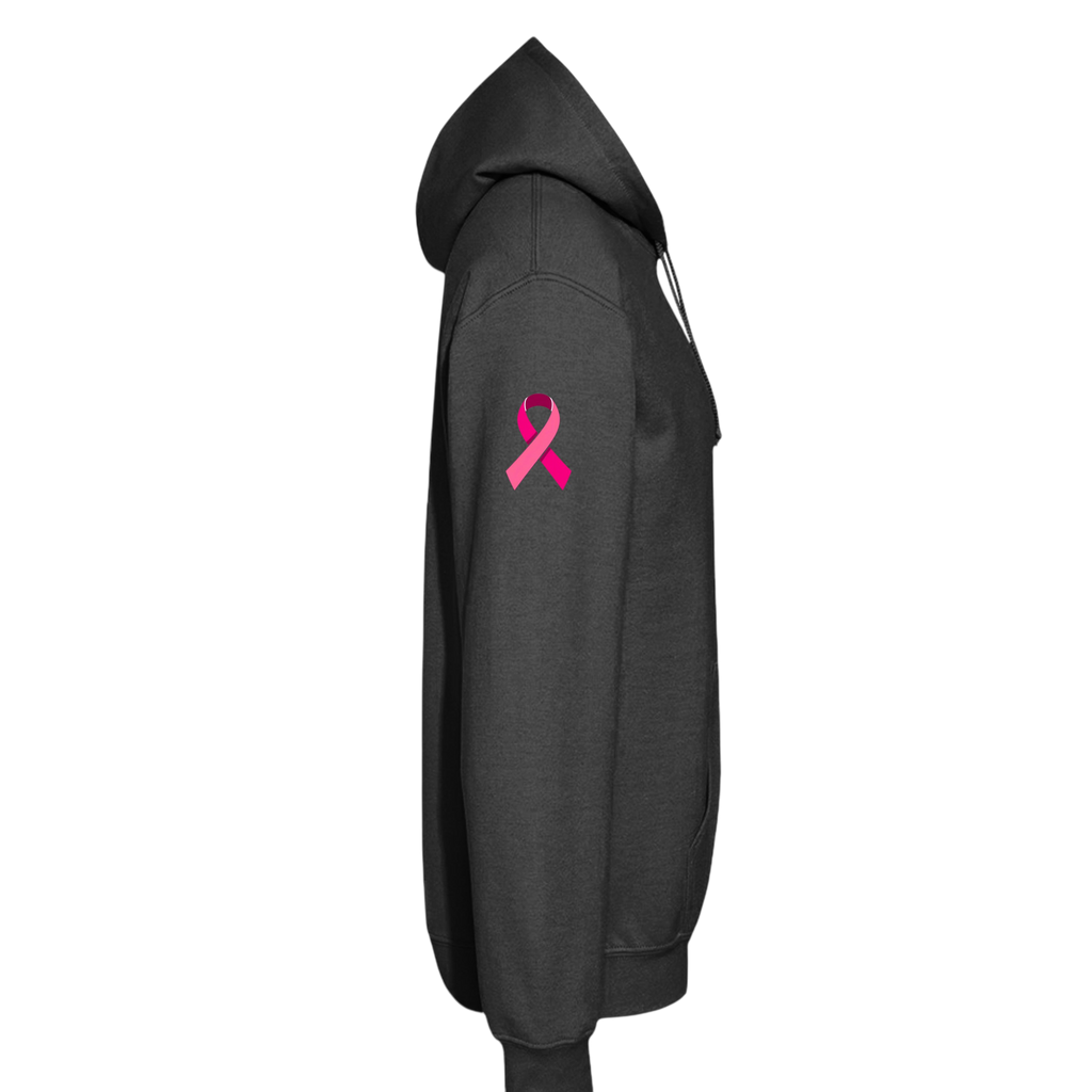 A dark gray heather hoodie shown from the side profile, featuring a pink awareness ribbon printed on the upper left sleeve, set against a plain white background.