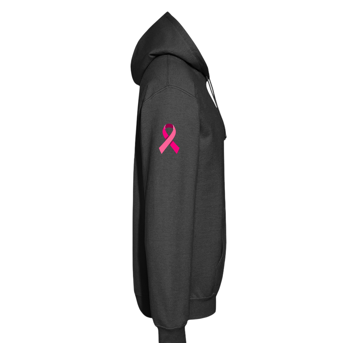A dark gray heather hoodie shown from the side profile, featuring a pink awareness ribbon printed on the upper left sleeve, set against a plain white background.
