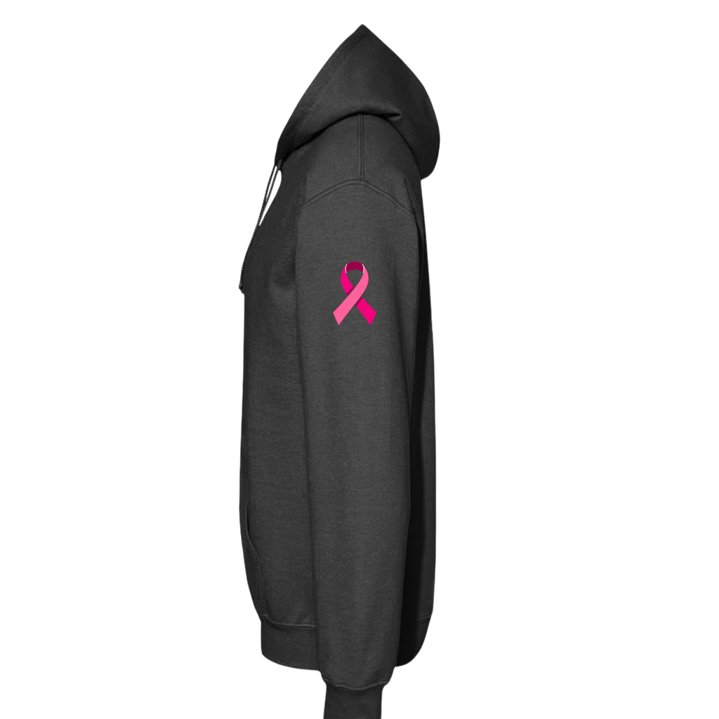 A dark gray pullover hoodie shown from the side, featuring a bright pink breast cancer awareness ribbon printed on the upper left sleeve, set against a plain white background.
