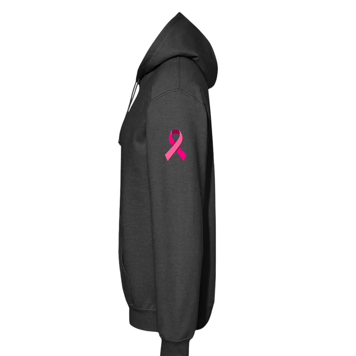 A dark gray pullover hoodie shown from the side, featuring a bright pink breast cancer awareness ribbon printed on the upper left sleeve, set against a plain white background.