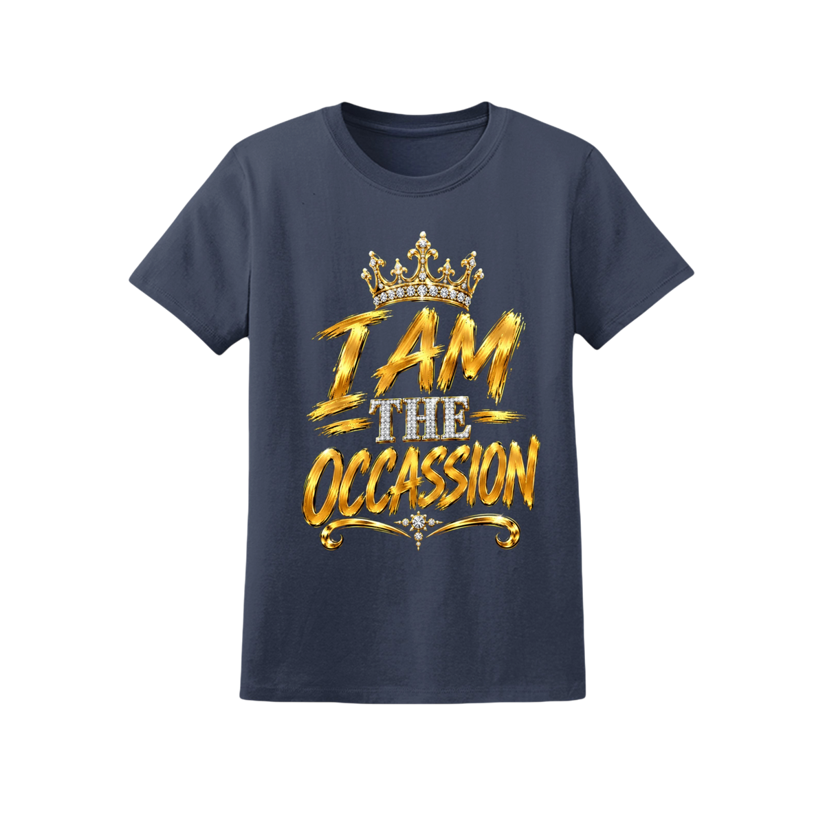 A navy blue short-sleeve t-shirt with a graphic print on the front. The graphic features a gold crown above the text 'I AM THE OCCASION' in a textured gold and white font, set against a plain white background.