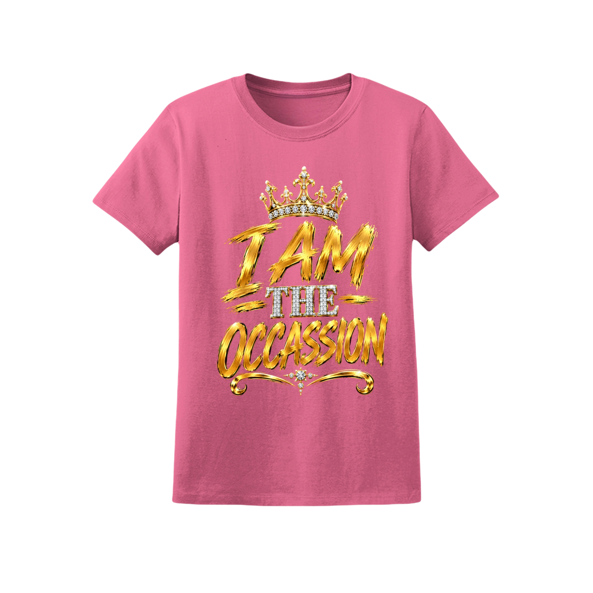 A pink short-sleeve crewneck t-shirt featuring a gold and white graphic print on the front that reads 'I AM THE OCCASION' with a crown illustration above, shown against a plain white background.
