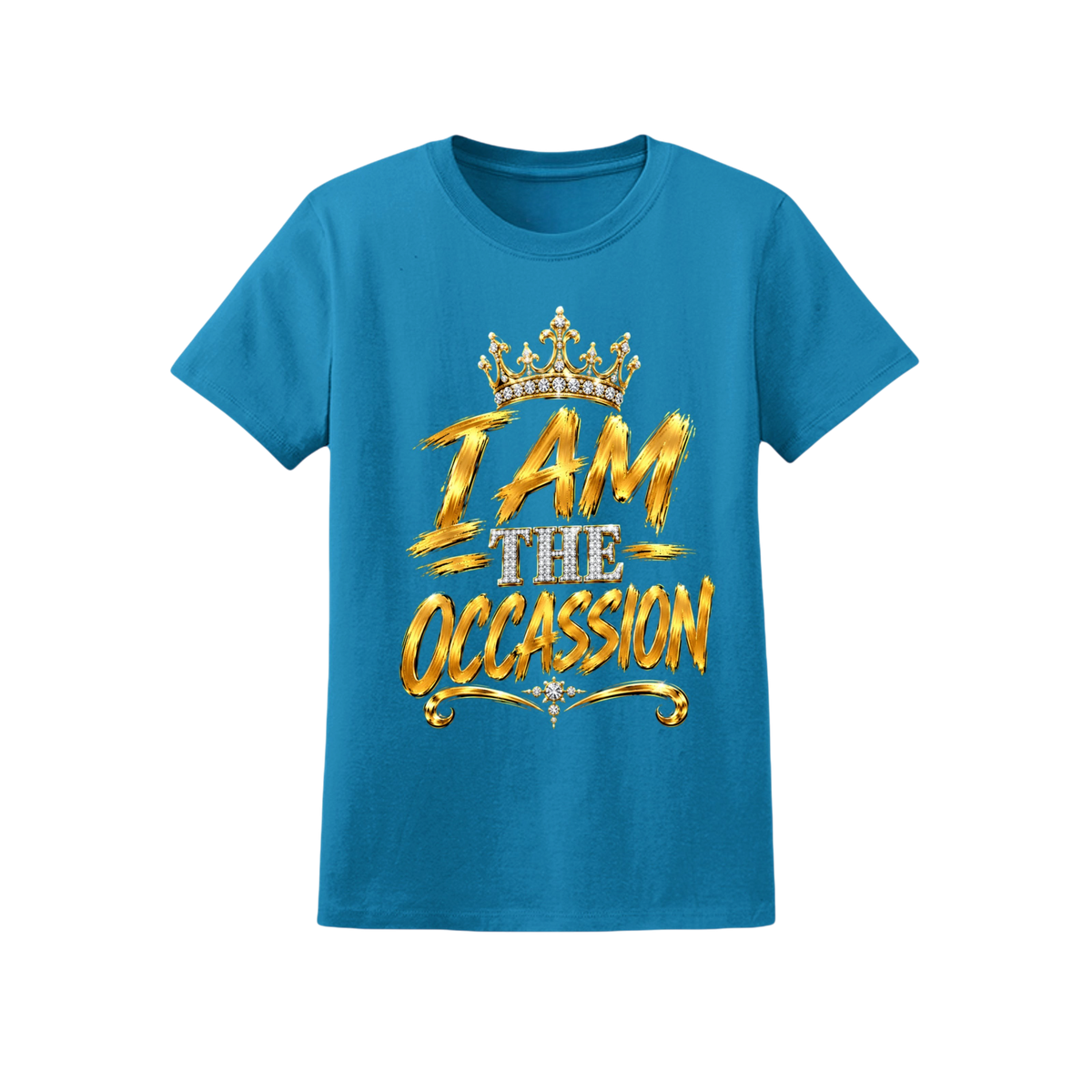A bright blue short-sleeve t-shirt with a gold and white graphic on the front reading 'I AM THE OCCASION' under a gold crown, shown on a plain white background.