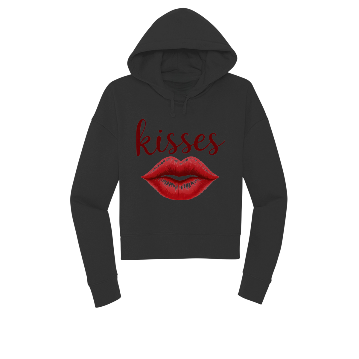 A dark charcoal gray cropped hoodie with a graphic on the front featuring the word 'kisses' in red script and a pair of red lips with small black details, shown against a plain white background.