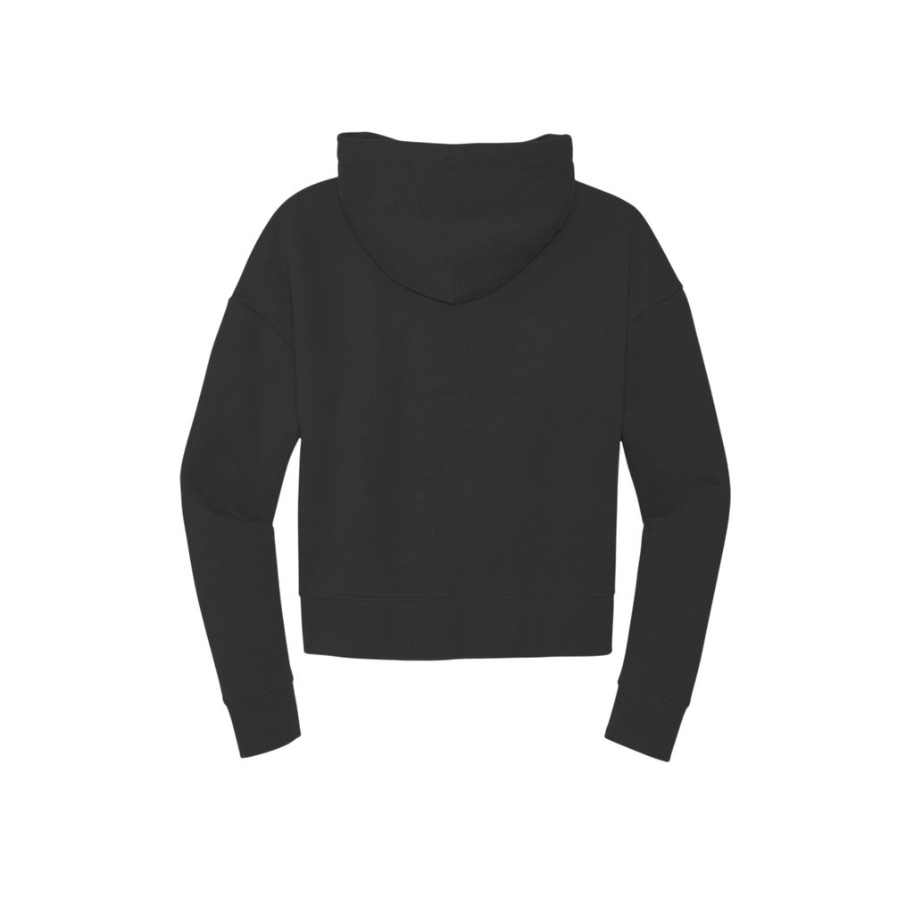 A black cropped hoodie with a wide collar and long sleeves, shown from the back on a solid white background.