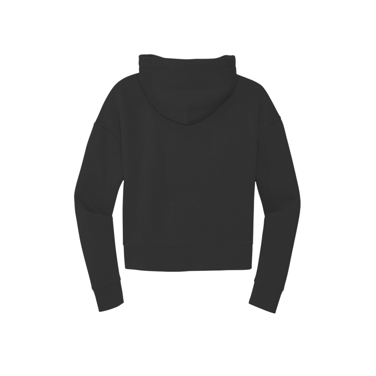 A black cropped hoodie with a wide collar and long sleeves, shown from the back on a solid white background.