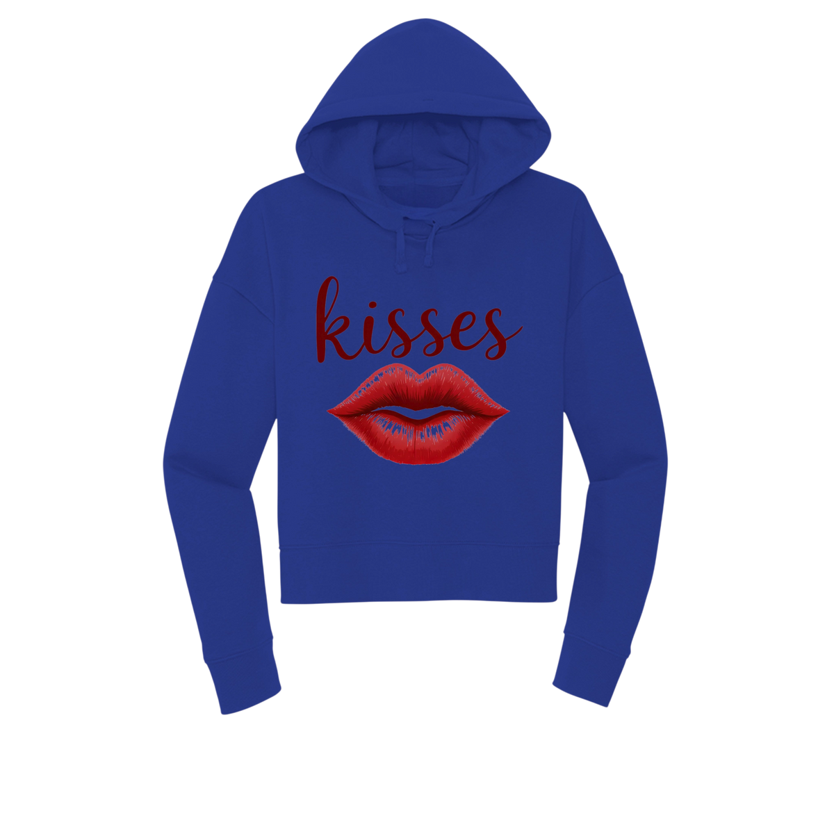 A royal blue cropped hoodie featuring a graphic print of red lips and the word 'kisses' in dark red script across the chest, displayed on a solid white background.