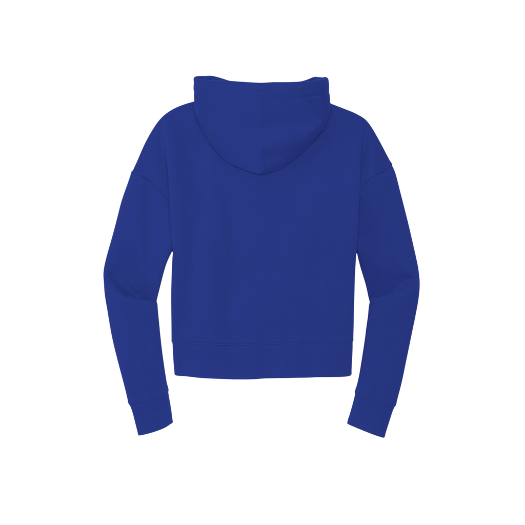 A royal blue cropped hoodie shown from the back, featuring a simple hemline and long sleeves, isolated on a white background.