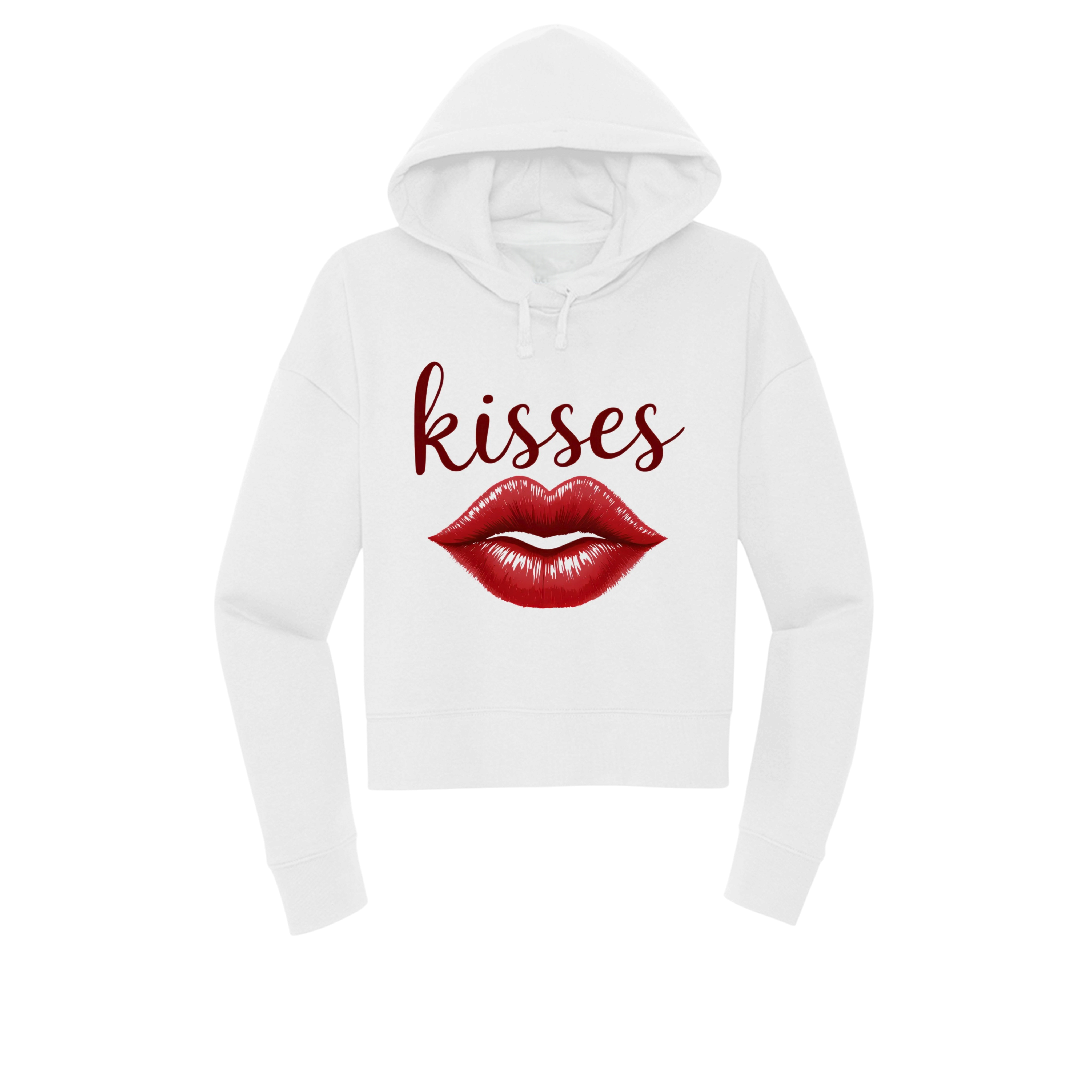 A white cropped hoodie featuring a graphic print of red lips and the word 'kisses' in dark red script on the front, displayed against a solid white background.