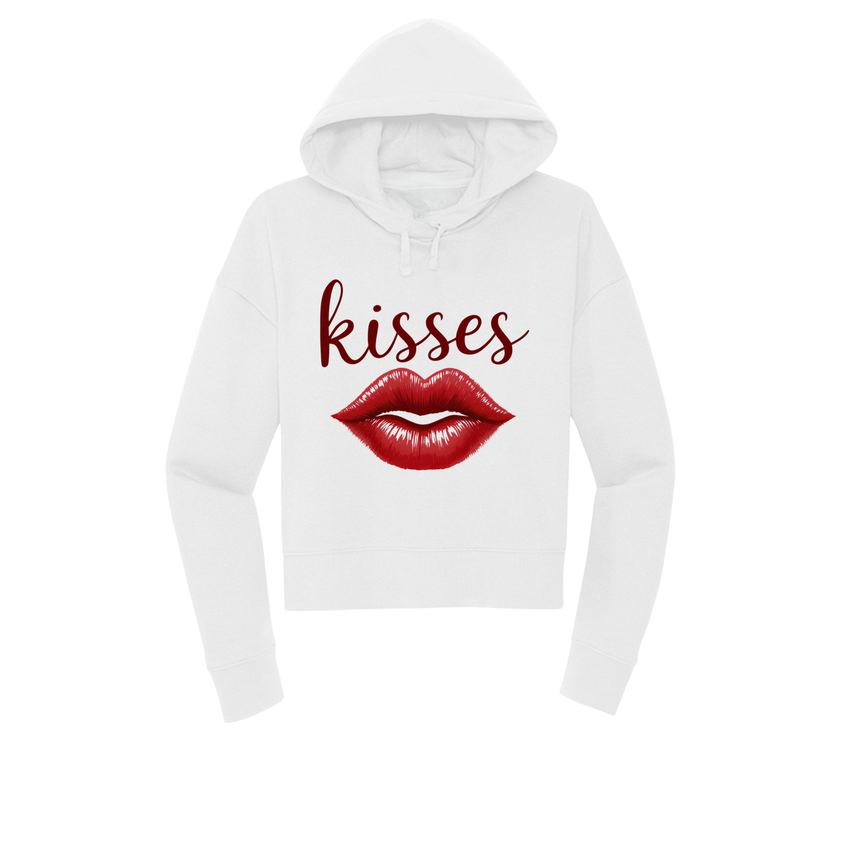 A white cropped hoodie featuring a graphic print of red lips and the word 'kisses' in dark red script on the front, displayed against a solid white background.