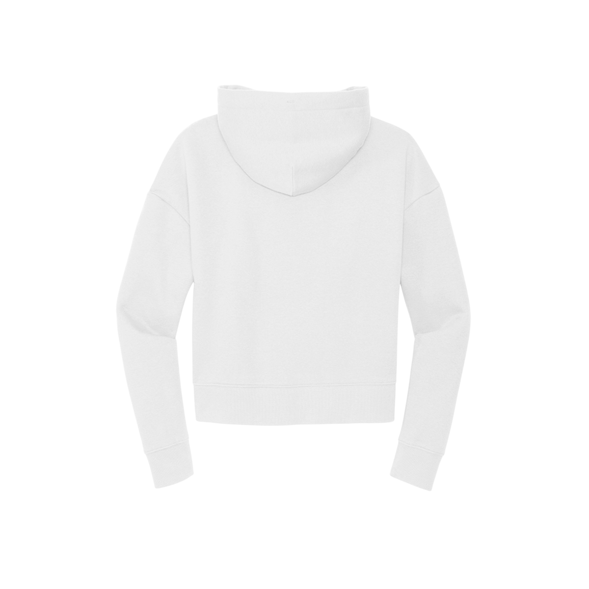 A white cropped hoodie shown from the back, featuring a high mock neck and ribbed cuffs and hem, displayed on a clean white background.