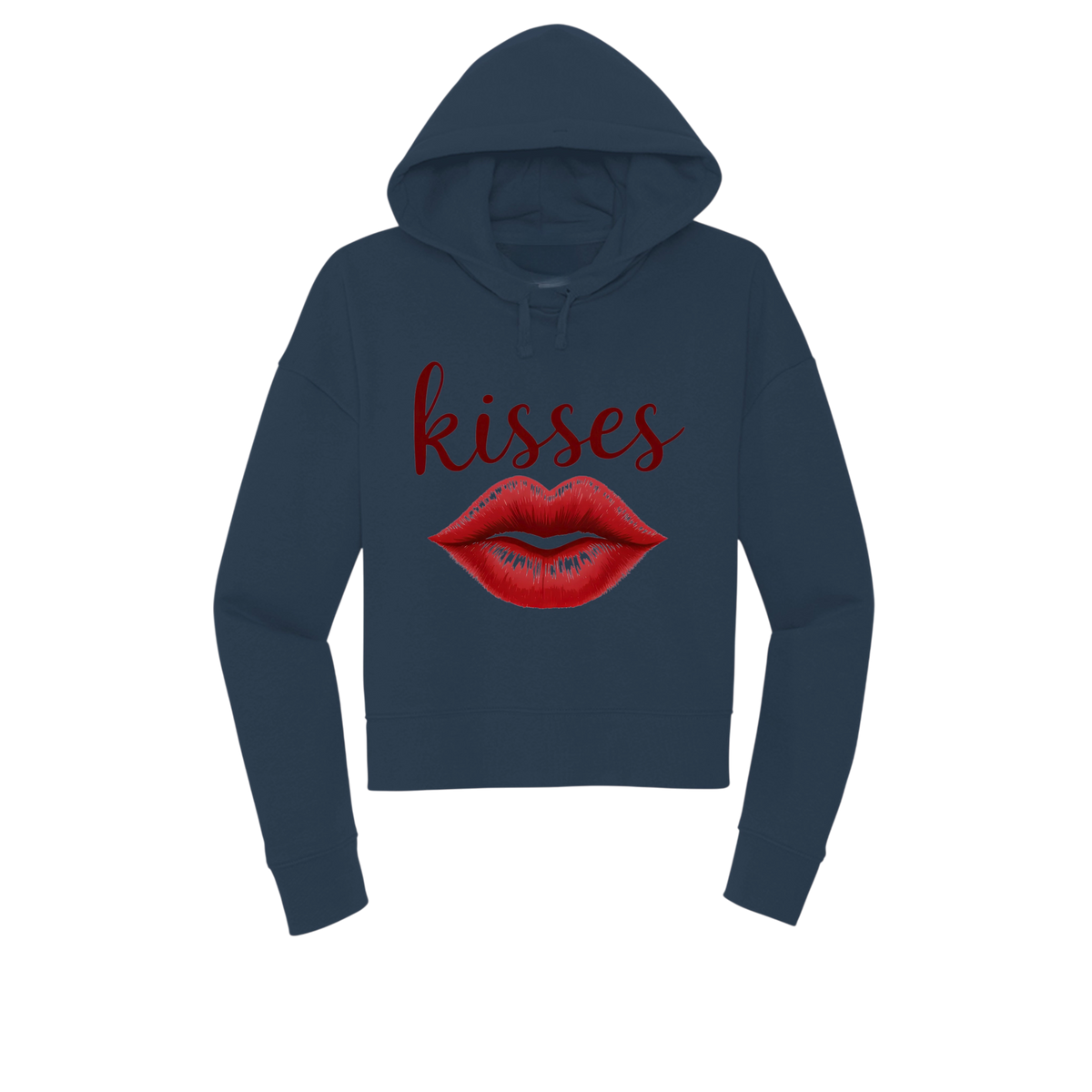 A navy blue cropped hoodie featuring a graphic print of red lips and the word 'kisses' in red script on the front, displayed against a solid white background.