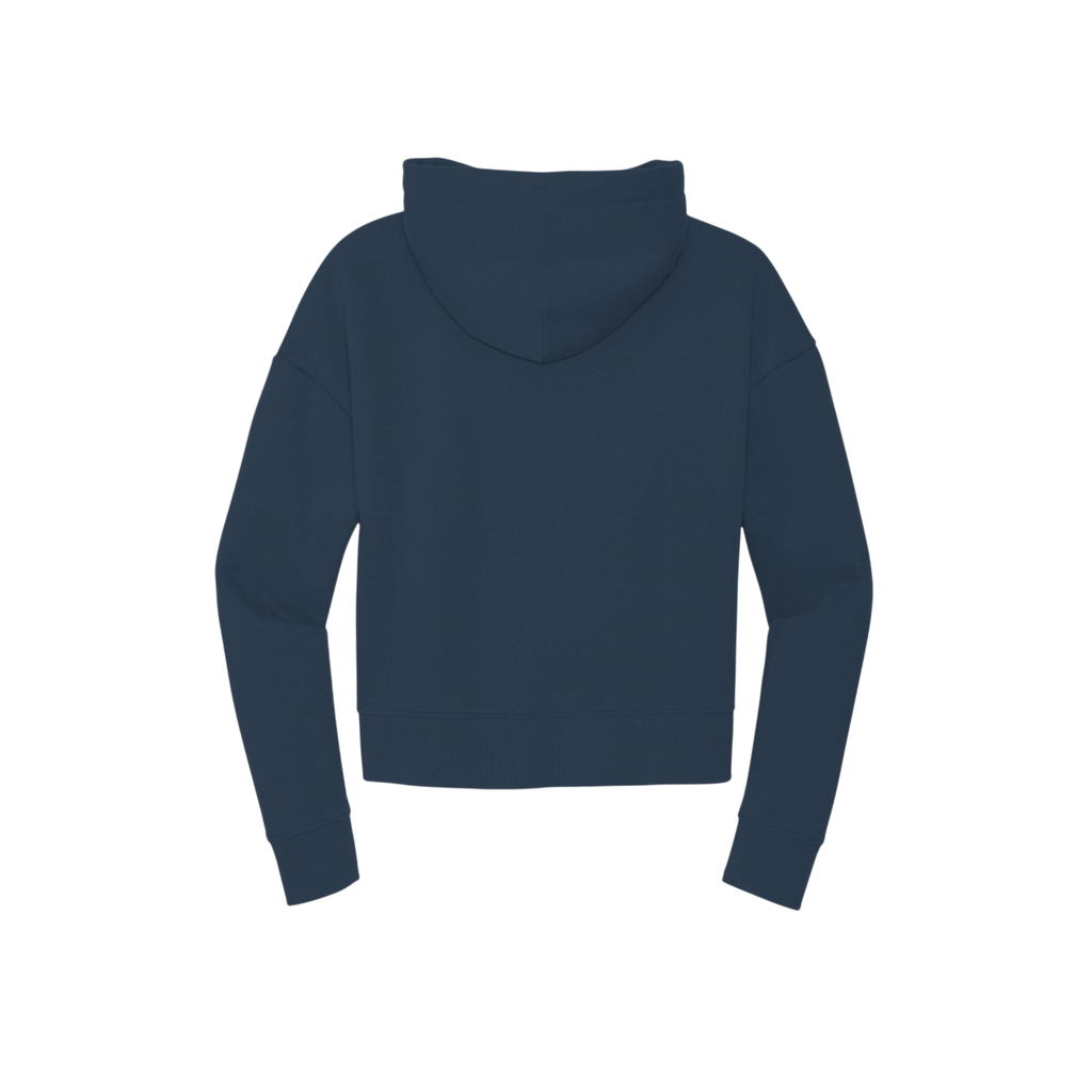 A dark navy blue cropped hoodie shown from the back, displayed on a clean white background.